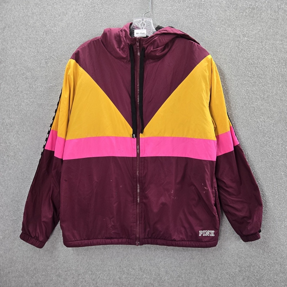 Victoria's Secret PINK Women‎ Jacket XS S Red Windbreaker Colorblock Logo READ